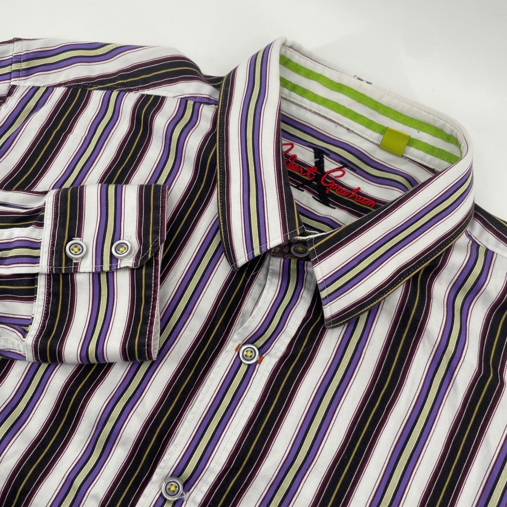 Robert Graham Button Down Shirt Mens XL Purple Stripe Tailored Fit Long Sleeve